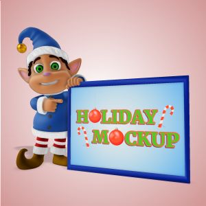 A 3D male holiday elf holding up a sign and pointing at it with editing tools to customize the design and make it your own.