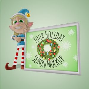 A 3D female holiday elf holding up a sign and pointing at it with editing tools to customize the design and make it your own.