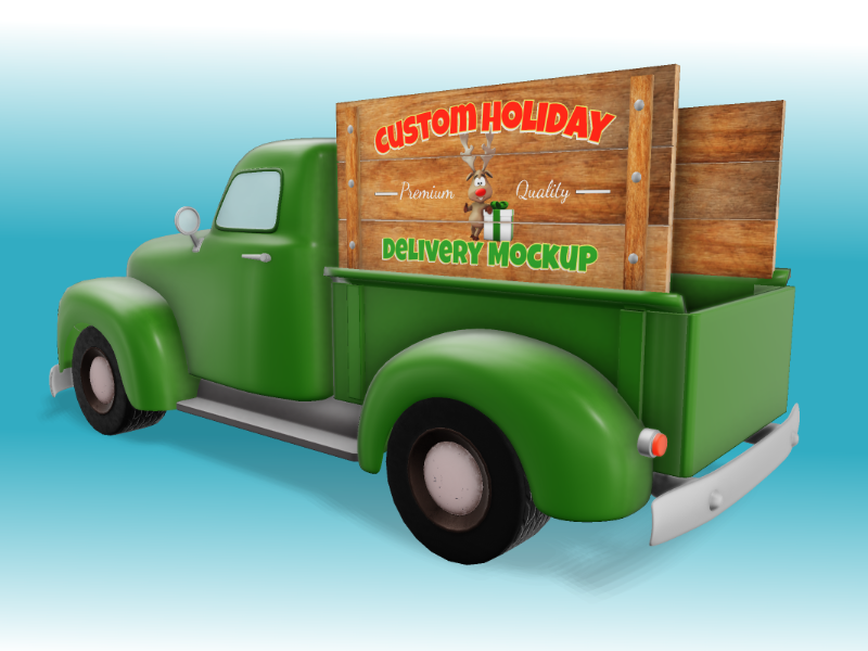 This Presentation Clipart shows a preview of 3D Holiday Truck With Sign- Customizable Mockup
