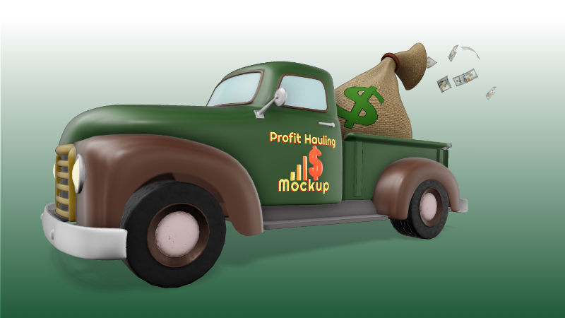 This Presentation Clipart shows a preview of 3D Truck With Money Bag - Customizable Mockup