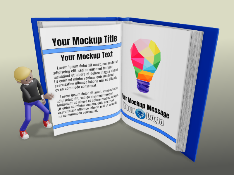 This Presentation Clipart shows a preview of 3D Male Figure Turning A Custom Page - Customizable Mockup