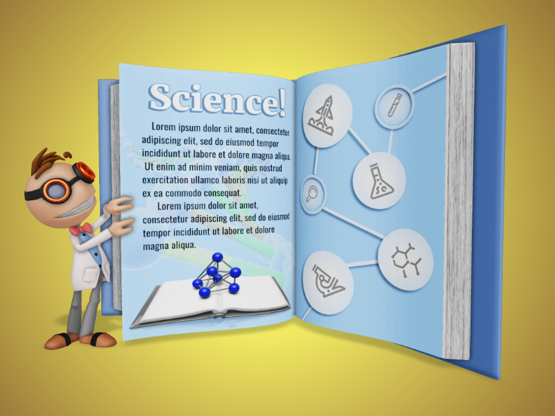 This Presentation Clipart shows a preview of 3D Scientist Character Turning A Custom Page - Customizable Mockup