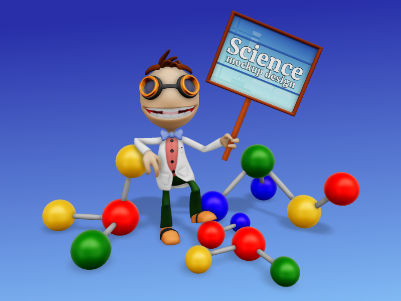 This Presentation Clipart shows a preview of 3D Scientist Character Holding Sign - Customizable Mockup
