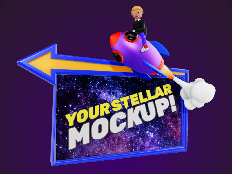 This Presentation Clipart shows a preview of Man Riding Rocket Sign - Customizable Mockup