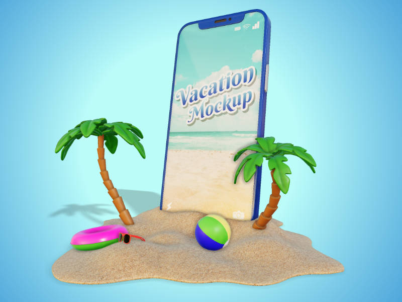 This Presentation Clipart shows a preview of 3D Smartphone On Beach - Customizable Mockup