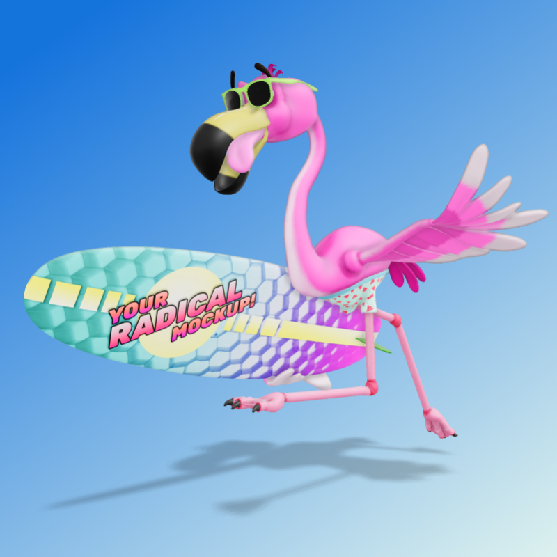 This Presentation Clipart shows a preview of 3D Flamingo With Surfboard - Customizable Mockup