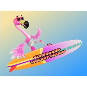 A 3D Surfing Flamingo Clipart with editing tools to customize the design and make it your own.