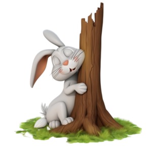 A rabbit resting by a tree on a warm Spring day.