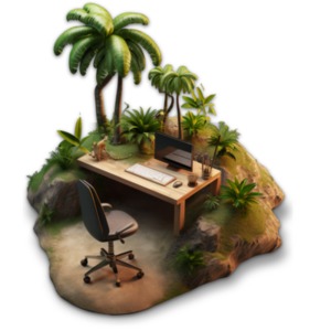 A workstation situated in a warm relaxing island office surrounded by palm trees.