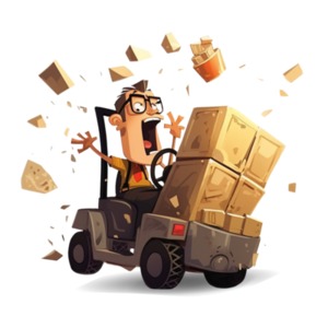 An employee crashing a forklift in the workplace.