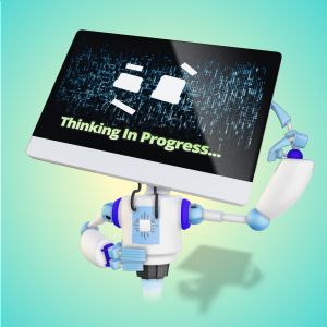 A 3D A.I. Robot Thinking Clipart with editing tools to customize the design and make it your own.