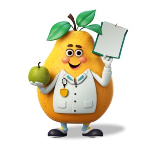 A cute happy pear holding an apple supporting a healthy living and diet with routine checkups.
