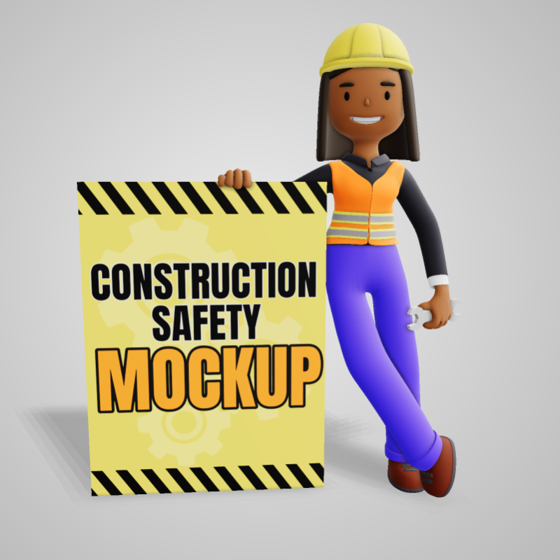 This Presentation Clipart shows a preview of 3D Construction Woman Leaning Sign- Customizable Mockup