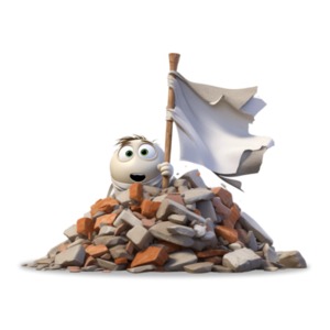 A figure that waved the white flag of Surrender and yields in a pile of rubble.