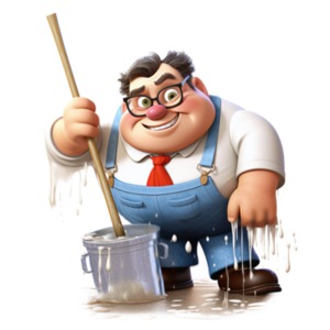 In the midst of a bustling office, a determined businessman stands in the midst of a mess to clean up.