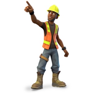 Construction working pointing to get the attention of a coworker.