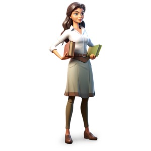 A female teacher stands as she holds a pair of books under each arm.