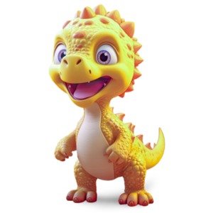 An adorable yellow baby dinosaur stands with a smile.
