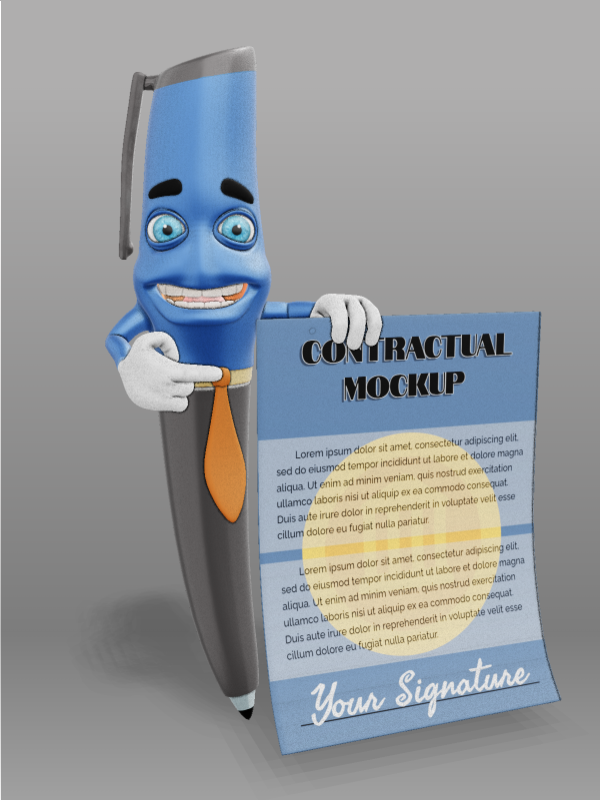 This Presentation Clipart shows a preview of 3D Business Pen and Contract- Customizable Mockup