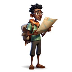 A lost boy searching his map for guidance on which direction to go.