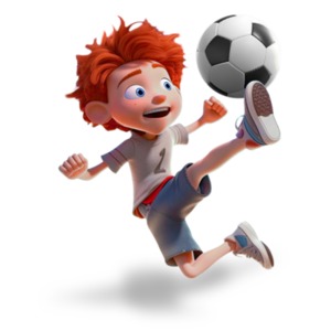 A red headed boy playing soccer enjoying his sport.