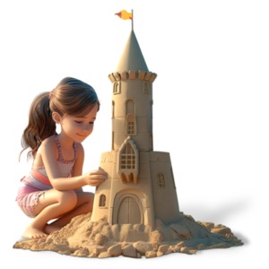 A little girl building a sand castle enjoying a sunny day at the beach.