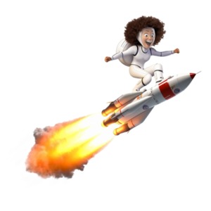 This clipart image, adventure, exploration, and cosmic wonder take center stage as a woman gracefully surfs on top of a rocket soaring through the air.