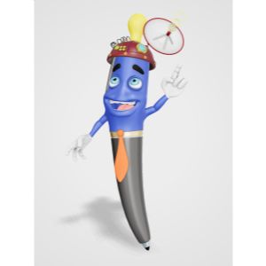 A 3D Business Pen having an Idea while wearing a Thinking Cap.