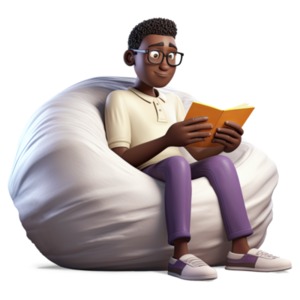 A young man sits in a bean bag chair as he reads a book.
