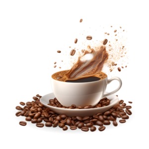 A cup of coffee being spilled on a saucer surrounded by beans.