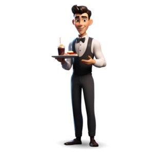 A friendly waiter bringing the customer their food and drink.