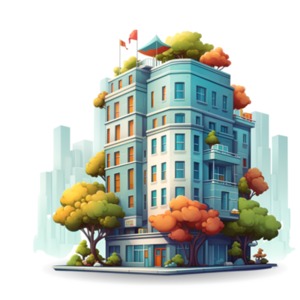 A hotel placed in the setting of colorful trees with rooms for rent.