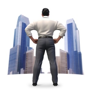 This  clipart image portrays a businessperson standing proudly in front of a sprawling cityscape, keeping a watchful eye over its towering buildings.
