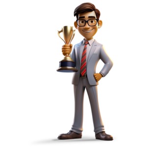 A happy businessman holding a trophy he won after achieving his goals.