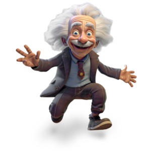 Einstein leaping with excitement as he researches a new invention.