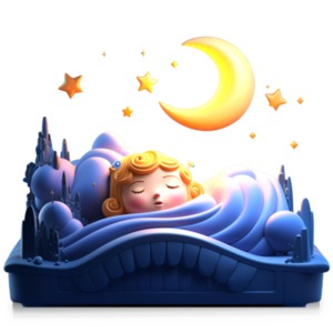 A little girl having sleepy dreams resting under the moon and stars.