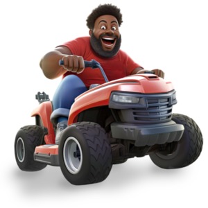 Happy man riding a lawnmower getting ready to cut some grass.