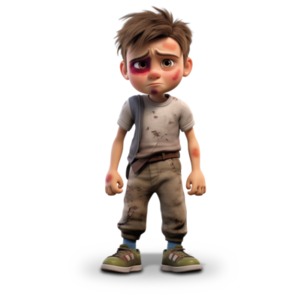 This emotive illustration portrays a young boy, his downcast eyes reflecting deep sadness, with a visible black eye, scuffs, and abrasions. Download Now!