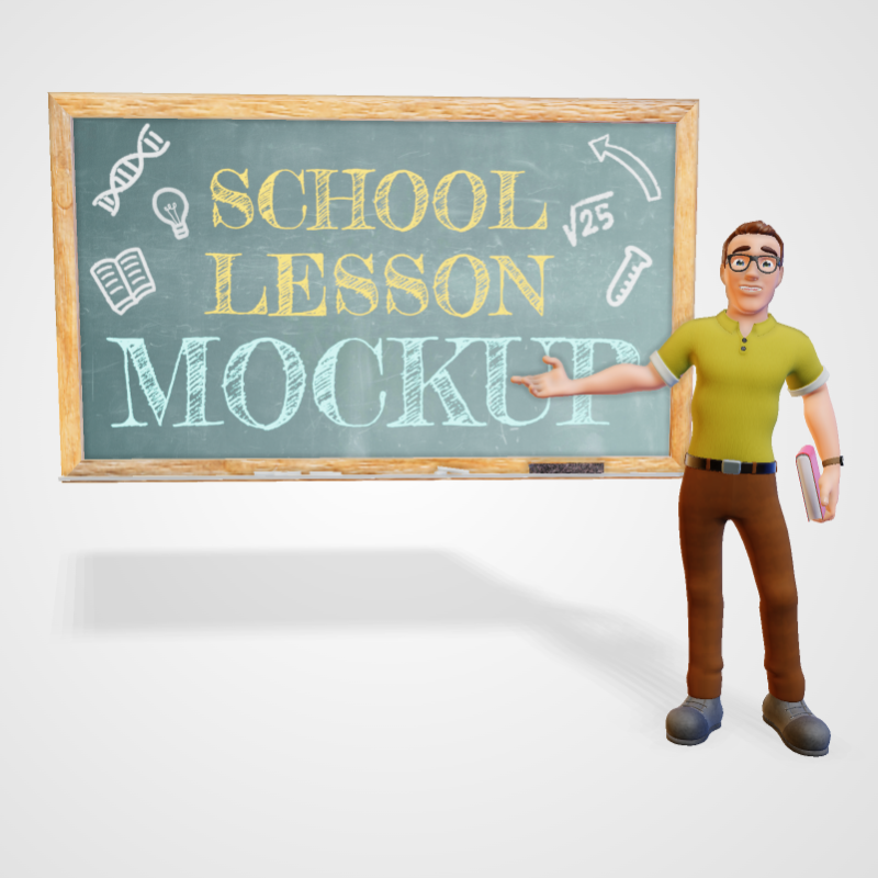 This Presentation Clipart shows a preview of 3D Teacher Presenting Chalkboard Clipart - Customizable Mockup