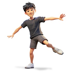 A school boy practices balancing on one leg.