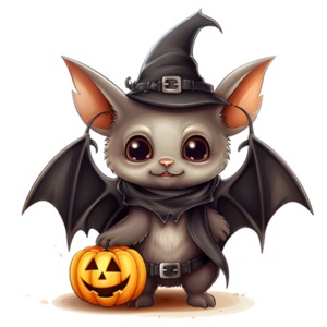 Download a Halloween Bat PNG clipart with witch hat and pumpkin. A playful design perfect for seasonal projects, parties, and Halloween presen