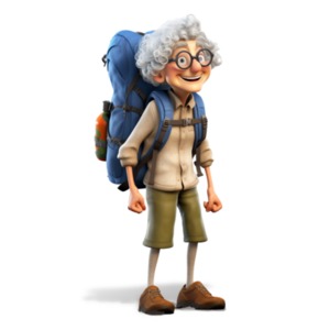 Active Senior Woman Backpacking Clipart: Eager and Smiling with Hiking Backpack