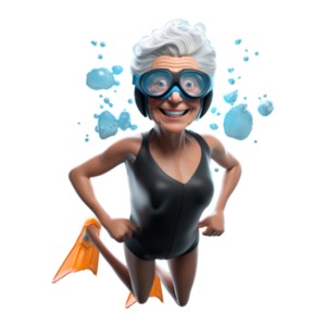 Captivating clipart of a senior woman&#039;s free diving, with flippers and scuba mask, smiling amid bubbles.