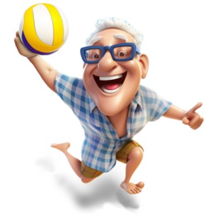Explore the dynamic 3D clipart depicting a retired individual engaged in beach volleyball, exemplifying an active and health-conscious senior lifestyle.