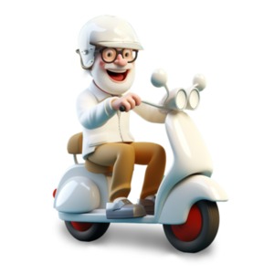 3D cartoon-style clipart featuring a retired person joyfully riding a white scooter, representing active retirement and fuel-efficient transportation.