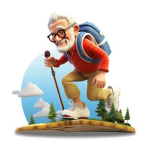 Stylized concept clipart depicting an retired hiker, symbolizing active retirement and outdoor recreation.