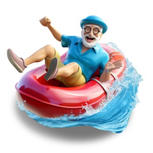 A humorous 3D clipart of a retiree enjoying a waterpark raft adventure, symbolizing a fun and active retirement.