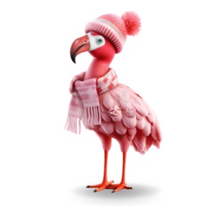 Download this Winter Flamingo clipart, showcasing a tropical bird donning winter gear. Display contrast between being warm and cold.