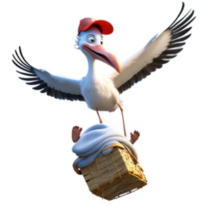 A cartoon stork delivers an newborn baby.