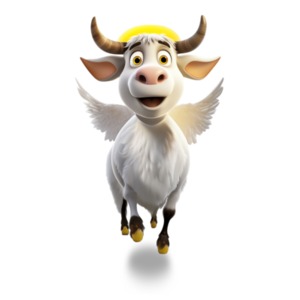 A playful take on the phrase &quot;holy cow.&quot; It combines elements of surprise and awe, visualized through the depiction of a flying cow with wings and halo.